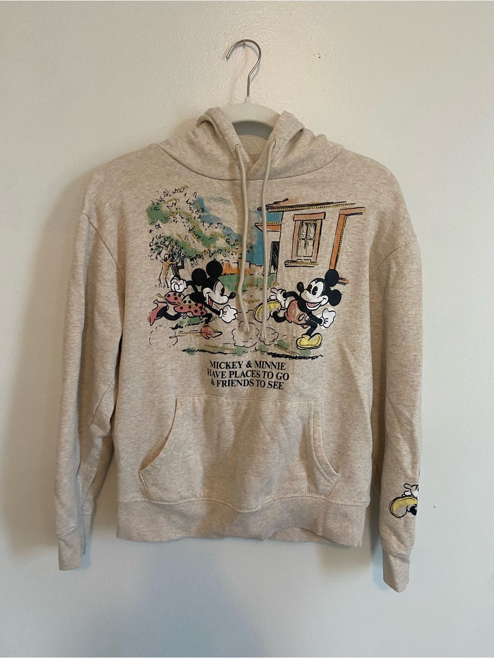 Disney Mickey & Minnie Mouse "Places to Go" Beige Graphic Hoodie Size XS
